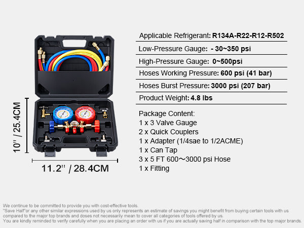 VEVOR AC Gauge Set - 3 Way AC Manifold Gauge Set For R134A R22 R12 R502 Refrigerant, Freon Gauges With 5ft Hoses, Couplers, Can Tap Works On Car Auto Freon Charging And Evacuation