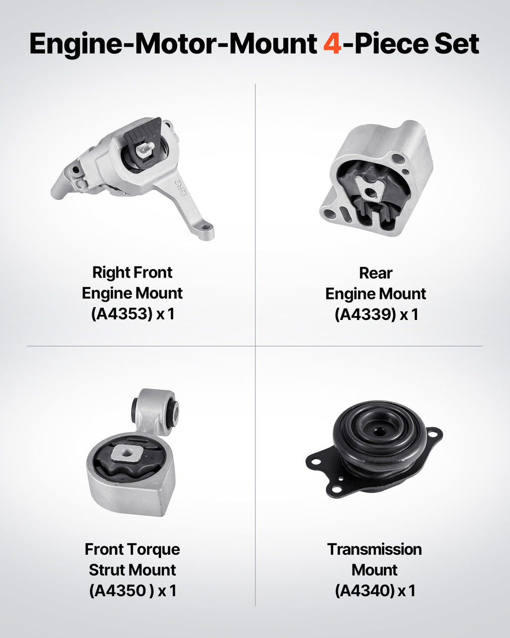 Engine And Transmission Motor Mount Kit Replacement, Set Of 4, Compatible With 2007–2017 Nissan Altima 2.5L L4, Replace OE# A4350, A4353, A4340, A4339, Secure Support