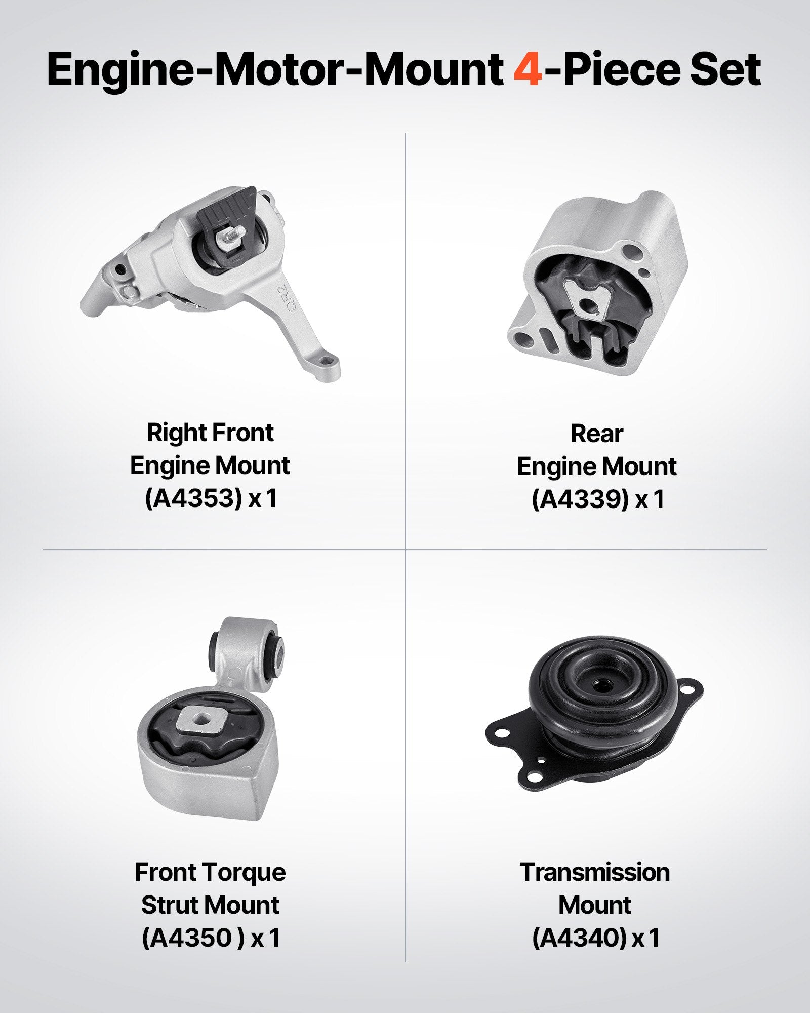 Engine And Transmission Motor Mount Kit Replacement, Set Of 4, Compatible With 2007–2017 Nissan Altima 2.5L L4, Replace OE# A4350, A4353, A4340, A4339, Secure Support