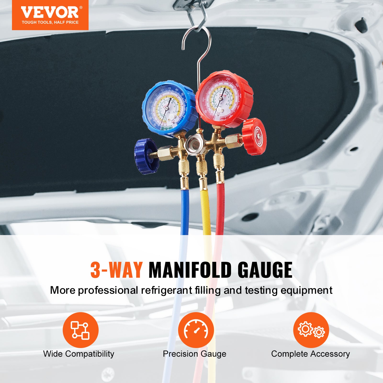 VEVOR AC Gauge Set - 3 Way AC Manifold Gauge Set For R134A R22 R12 R502 Refrigerant, Freon Gauges With 5ft Hoses, Couplers, Can Tap Works On Car Auto Freon Charging And Evacuation