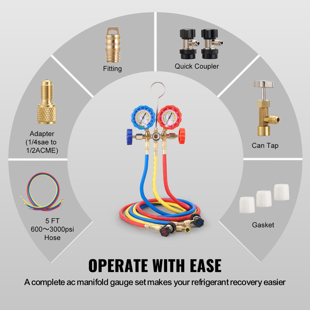 VEVOR AC Gauge Set - 3 Way AC Manifold Gauge Set For R134A R22 R12 R502 Refrigerant, Freon Gauges With 5ft Hoses, Couplers, Can Tap Works On Car Auto Freon Charging And Evacuation