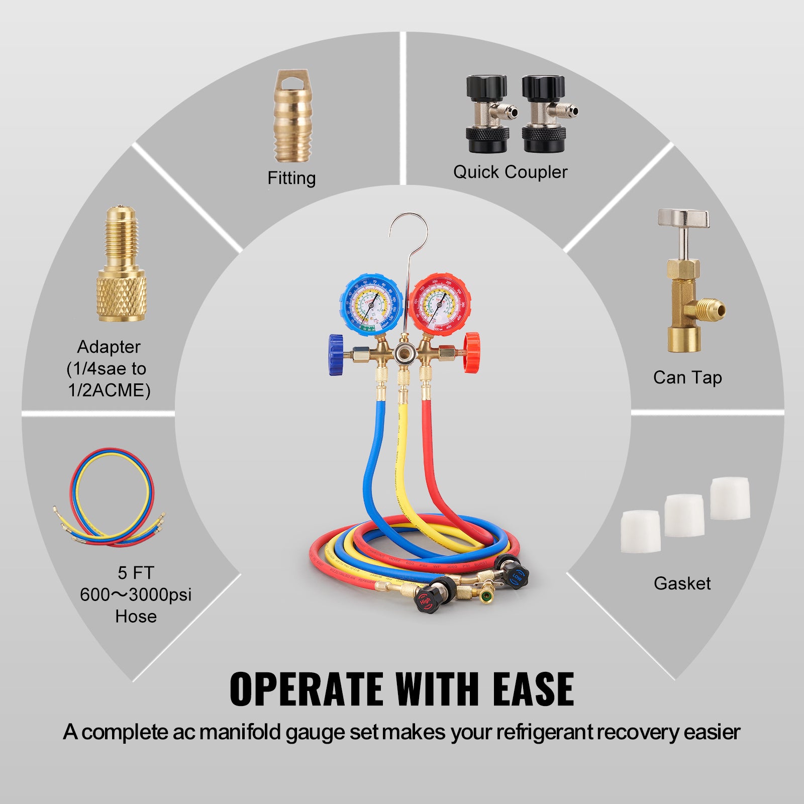 VEVOR AC Gauge Set - 3 Way AC Manifold Gauge Set For R134A R22 R12 R502 Refrigerant, Freon Gauges With 5ft Hoses, Couplers, Can Tap Works On Car Auto Freon Charging And Evacuation